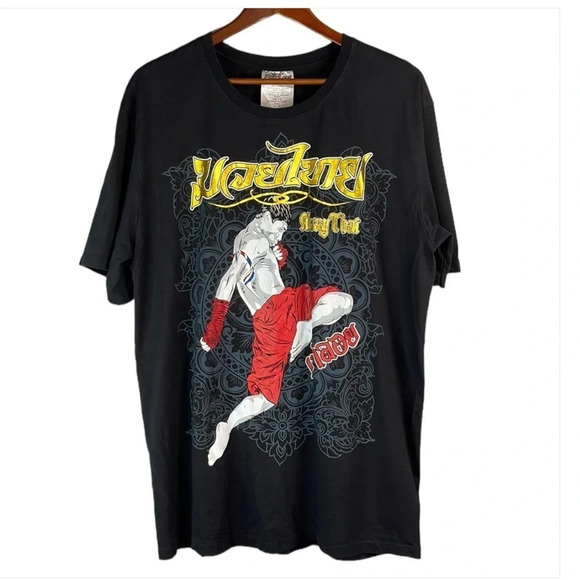 MARTIAL ARTS Born To Be Muay Thai Mens Black Graphic Crewneck T-Shirt Gold XXL - Picture 2 of 11